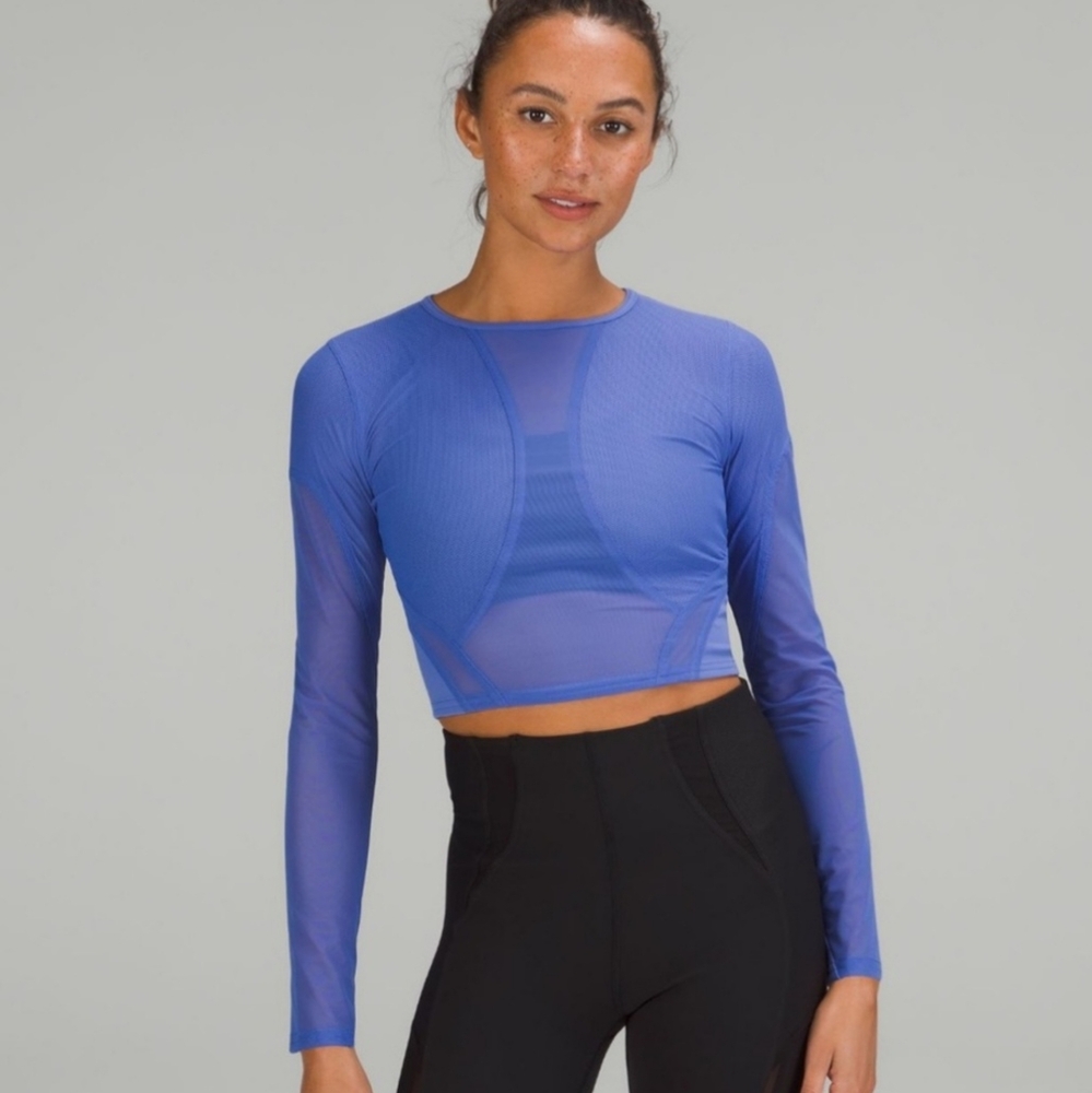 Lululemon Blue Mesh Panelled Training Long Sleeve Crop Top Sz Small